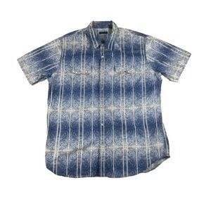 Structure Mens Large Blue Paisley Stripe Pearl Snap Short Sleeve Cotton Shirt